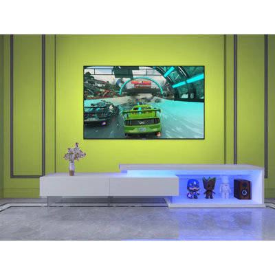 Meuble télé avec armoires de rangement, meuble télé à DEL extensible avec télécommande, centre de divertissement moderne à lumières changeantes à modes multiples avec rebord chanfreiné, blanc