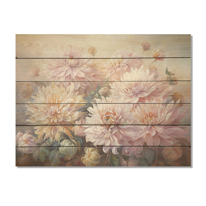 Pink And Purple Chrysanthemums Bloom - Flowers Wood Wall Art On Natural Pine Wood, 10" H x 20" W