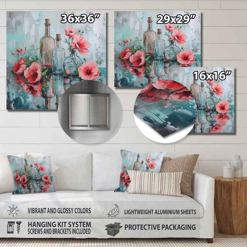 Coquelicots rouges dans des vases en verre vides - Floral Wall Art Decor, Métal métal, H 16 po x l 16 po x P 1 po