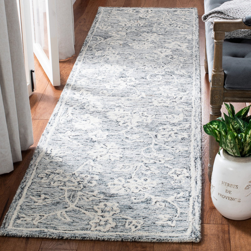 Tapis bleu / ivoire en laine touffeté à la main Conaway, Tapis de couloir 2 pi 3 po x 9 pi