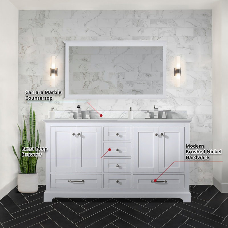 Meuble-lavabo double avec plateau en marbre de Carrare et miroir Timeless