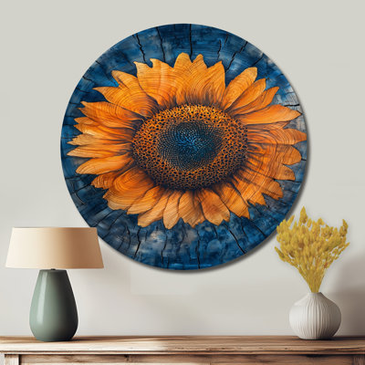 Orange Sunflowers On Wood Slide - Sunflowers Round Metal Wall Decor