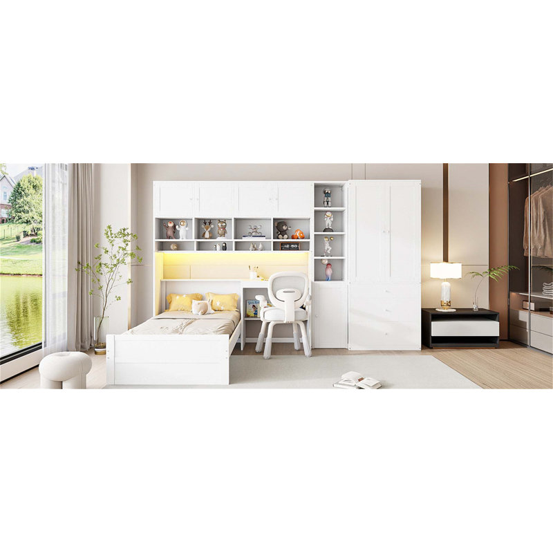 Lit plateforme simple en bois avec bureau intégré, garde-robe et solutions de rangement, parfait pour les espaces de vie modernes et efficaces
