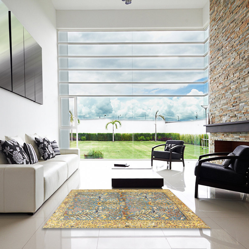 Tapis oriental jaune / bleu, Carré 4 pi
