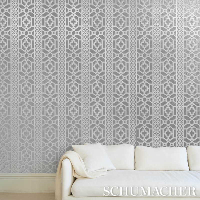 Zanzibar Trellis Mylar Wallpaper, Silver Mylar