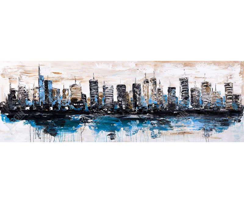 «Abstract City on Water» - Toile avec cadre bleu | Décoration intérieure