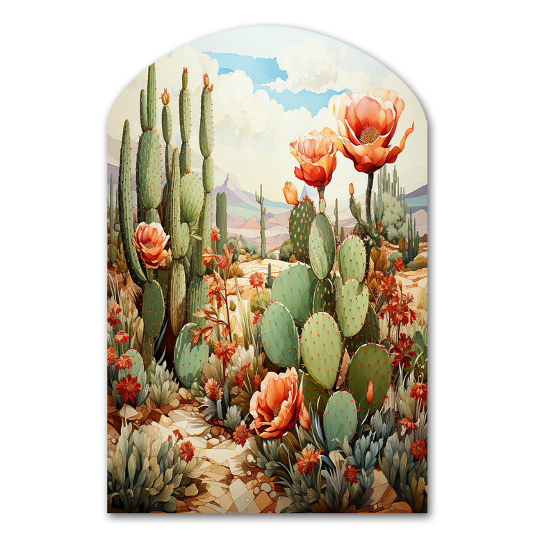 Corail vert cactus désert fleurs pointillisme III - art mural en métal cactus asymétrique, sculpture murale en arche