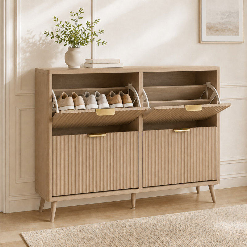 Range-chaussures avec 4 tiroirs rabattables, range-chaussures en bois avec rangement caché, pour le couloir et le vestibule