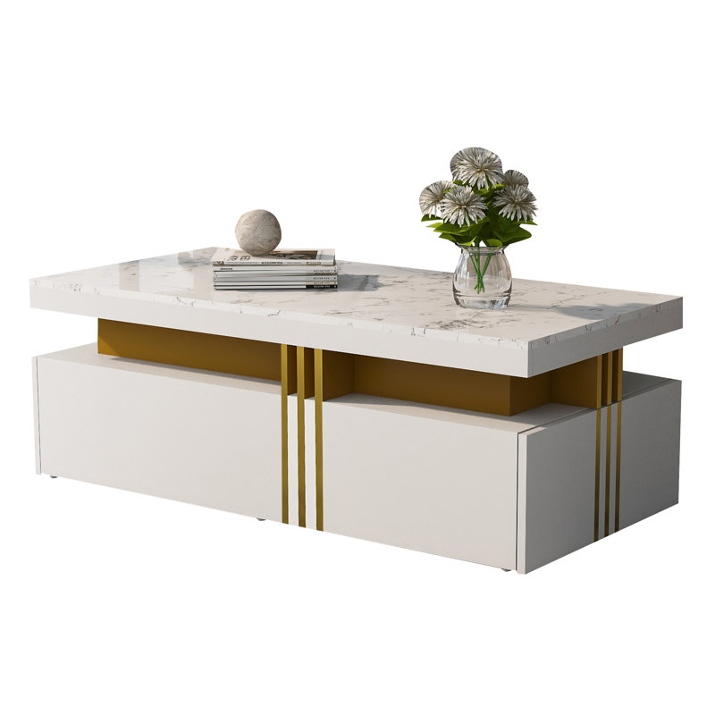 Chalsea Coffee Table with Storage, White, Arabescato White Marble
