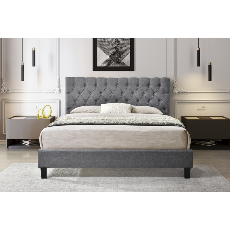 Lit plateforme tapissier touffeté, gris, Très grand