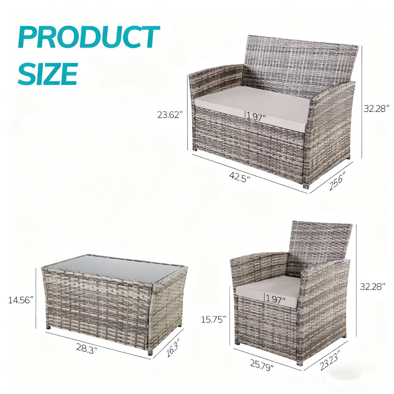 All-Weather 4-Piece PE Wicker Patio Conversation Furniture Set with Cushions, Gray,  Light Gray