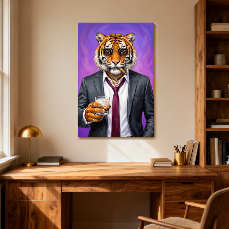 Animaux, tigre en costume avec boisson et cigare, H 18 po x l 12 po