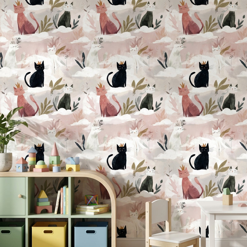 Murale de chats fantaisiste avec fond d'écran pastel, Non-collé