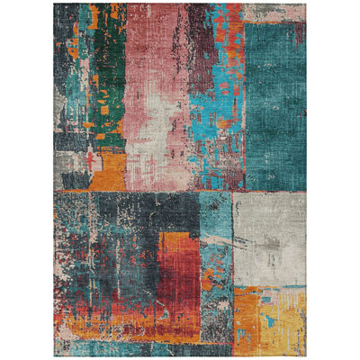 Machine Washable Indoor/Outdoor Xhevrie Teal Rug