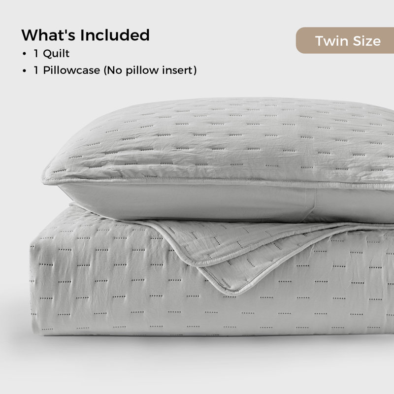 Polyester Quilt Set, Twin Quilt + 2 Pillowcases, Light Gray