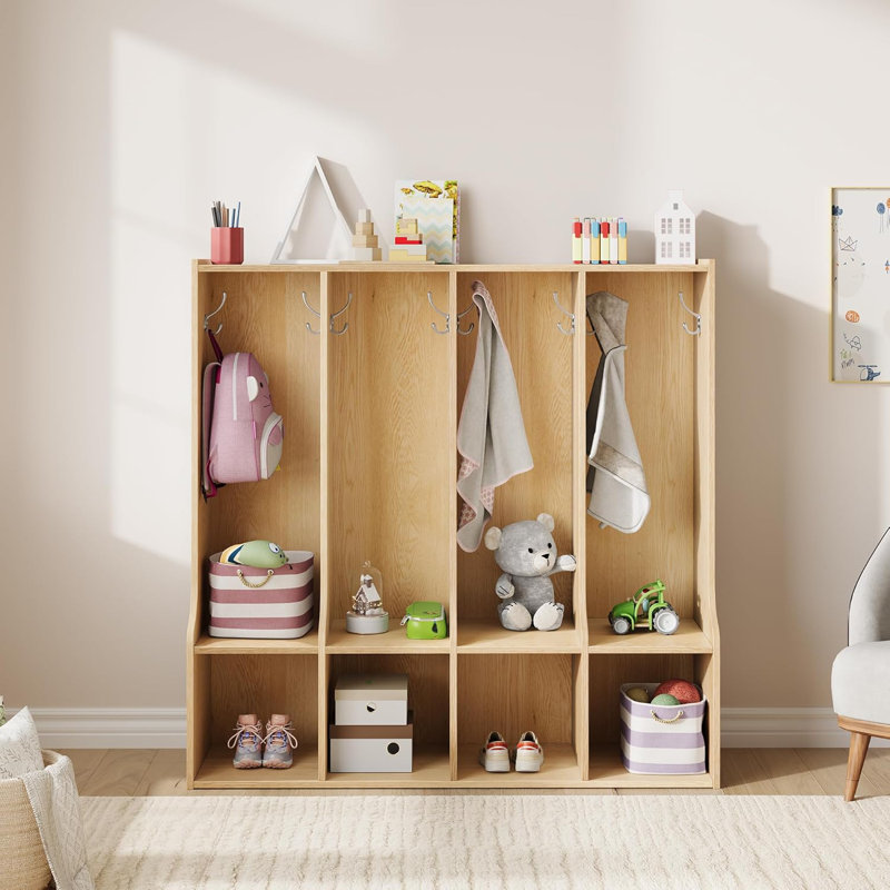 4-Section Classroom Coat Locker with 4 Cubbies, Daycare Cubby Storage Organizer with 8 Hooks, Ivory
