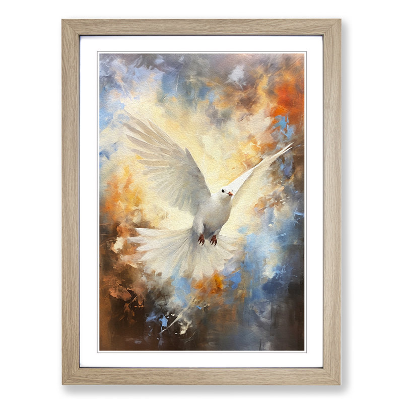 Dove Bird Gestural - Single Picture Frame Print on Wood, Oak Framed, 34cm H x 25cm W