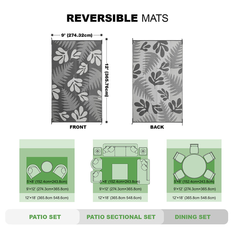 Tapis floral intérieur / extérieur gris, Rectangle 9 pi x 12 pi