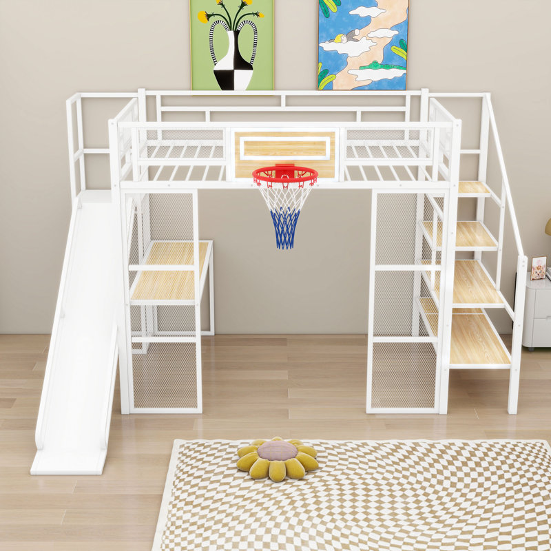 Lit mezzanine double en métal avec bureau, glissade, panier de basketball et escalier, Blanc
