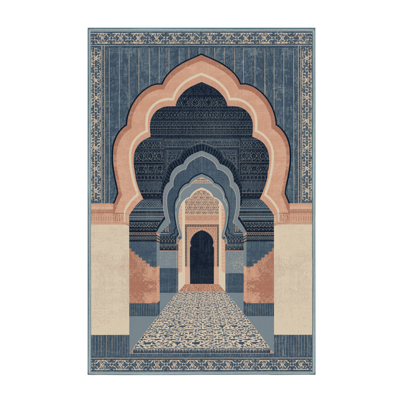 Machine Washable Orsolya Marrakech Medina Bohemian Block Print Rug in Gray – SkyBlue Binding, 3x5