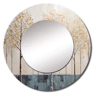 Minimalism Gold And Blue Trees Scene I - Trees Decorative Mirror, Traditional Round Wall Mirror, Printed Metal Art