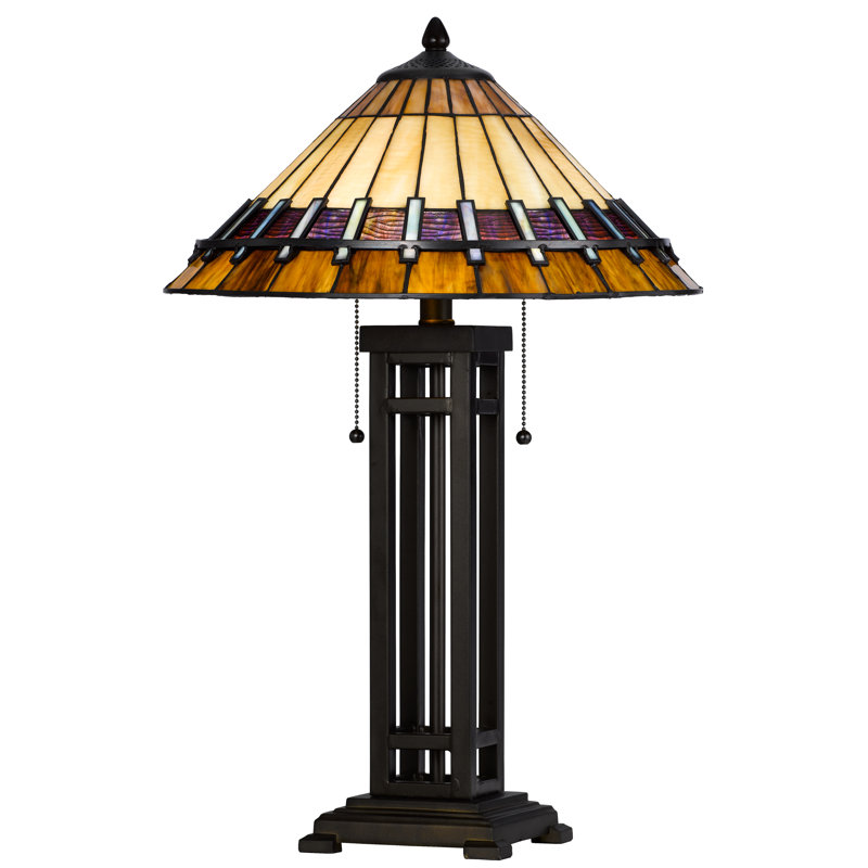 Lampe de table Tiffany 65 cm de hauteur, métal bronze foncé et résine, 2 douilles E26, 60 W, chaînette, verre coloré