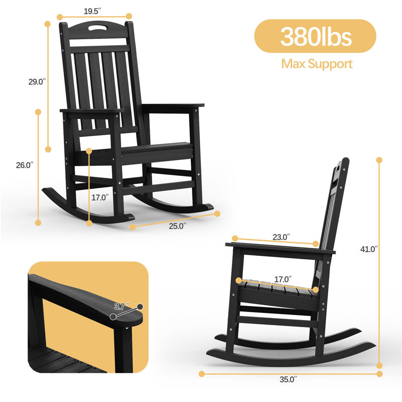 Ensemble de chaises berçantes en PEHD Adirondack, convenant à une utilisation intérieure et extérieure, Noir