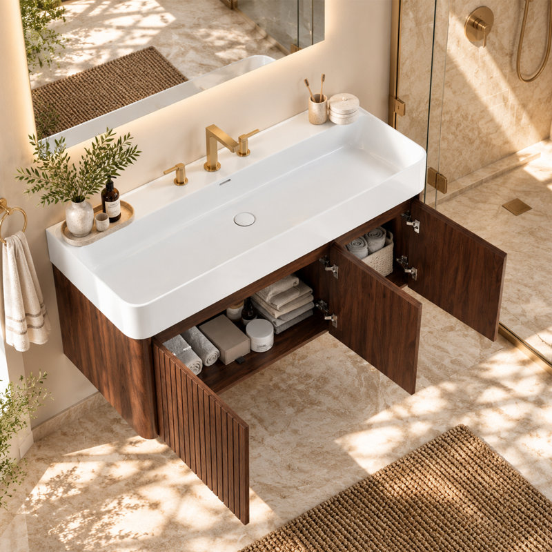Meuble-lavabo suspendu cannelé de 122 cm (48 po), armoire en noyer avec lavabo en surface solide blanc lustré, portes à fermeture amortie