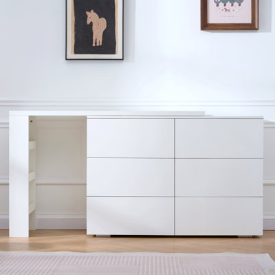 6 Drawer Vanity Dresser Combo With L-Shaped Desk,Wide Desktop & Deep Space,Wood Extendable Vanity Desk For Bedroom Dressing Room