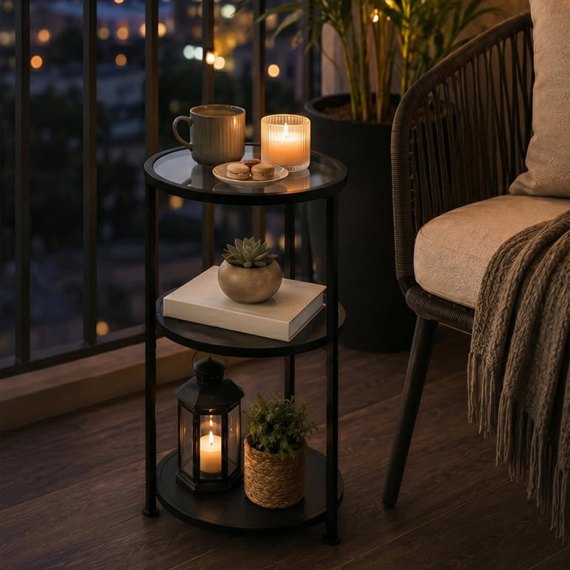 Table d'appoint ronde à 3 niveaux avec plateau en verre trempé, Black