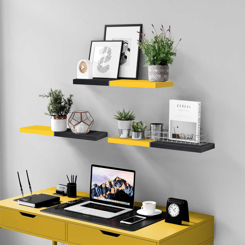 23.6''W Color Block Floating Shelves Set, Black/Yellow
