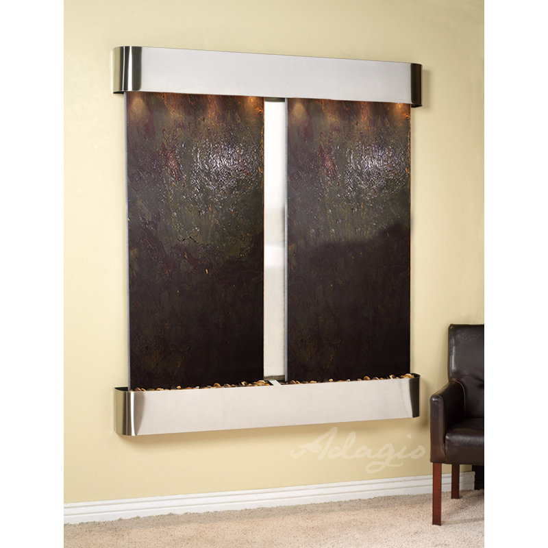 Cottonwood Falls Fountain with Light, Black Feather, Stainless Steel, Rounded