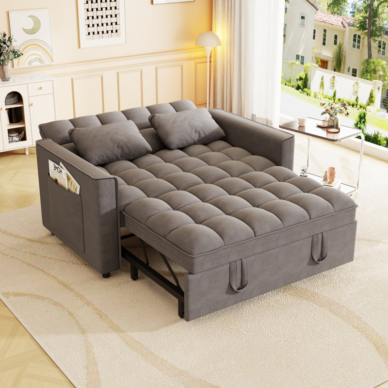 Sleeper Sofa Couch W/Pull Out Bed,  Modern Velvet Convertible Sleeper Sofa Bed, Small Love Seat Sofa Bed W/Pillows & Side Pockets For Small Space, Living Room, Apartment,Dark Gray