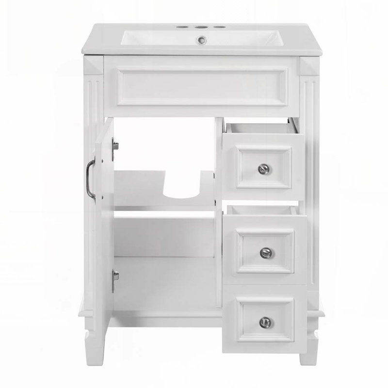 Meuble-lavabo avec lavabo en céramique, armoire avec 2 tiroirs et tablette réglable, Blanc