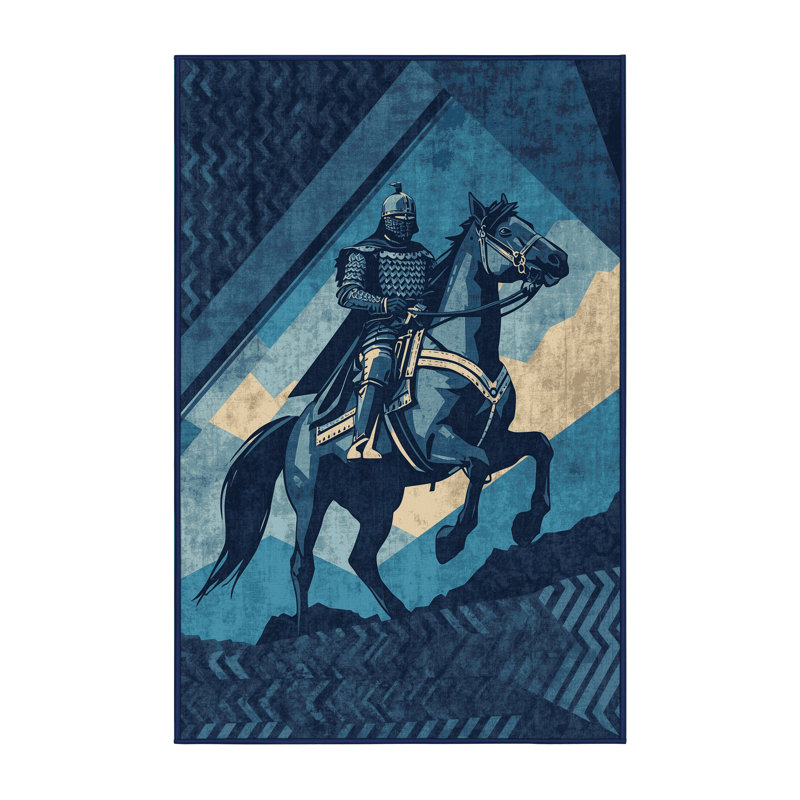 Tapis géométrique bleu lavable à la machine Cilegon Mounted Warrior, 8 x 10