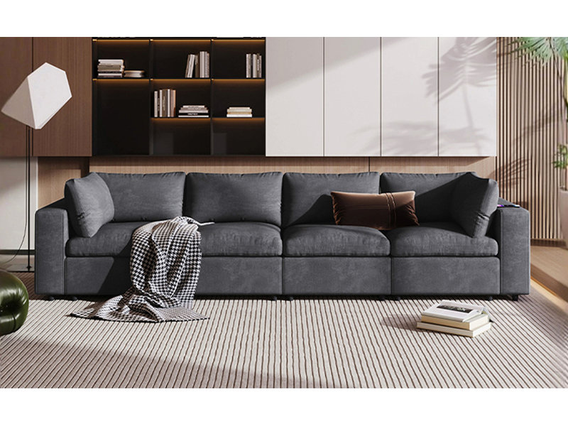 Canapé modulaire rembourré en U avec espace de rangement, ports de charge USB, charge sans fil et haut-parleur Bluetooth intégré dans les bras, canapé modulaire pour le salon