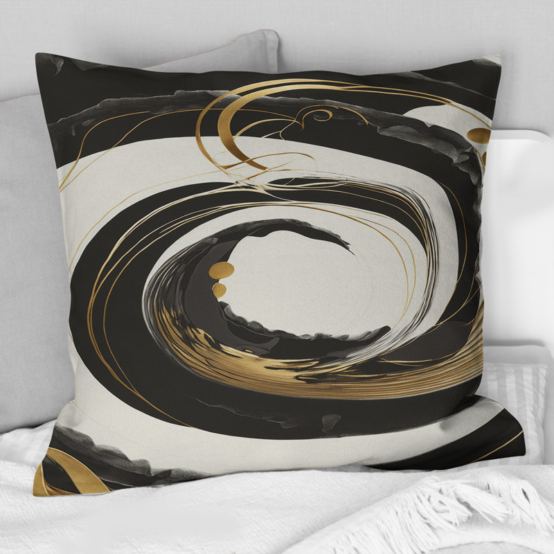 Coussin décoratif noir, argent et or mélangeant des tourbillons II - spirales abstraites