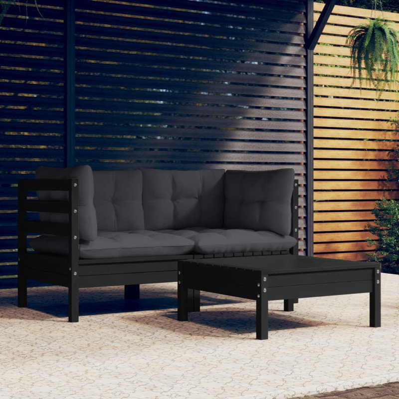 Jaydelin Solid Wood 2 - Person Seating Group with Cushions, Black, Anthracite