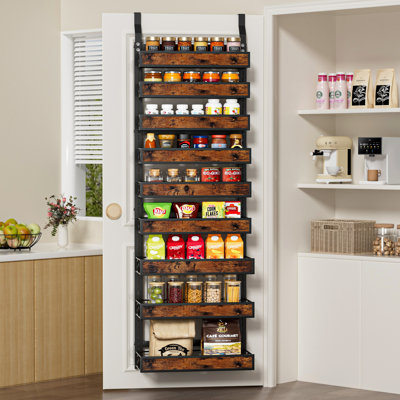 Black 9-Tier Wood Over The Door Pantry Organizer, 180 Lbs Heavy Duty Hanging Spice Rack & Wall Mounted Storage Single