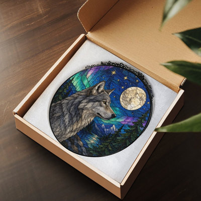 Attrape-soleil rond en vitrail (30 x 30 cm) représentant un chien ailé assis, avec chaîne en métal. Décoration murale et de jardin. Idée cadeau originale pour une pendaison de crémaillère ou la fête des mères. Convient à une utilisation intérieure et extérieure.