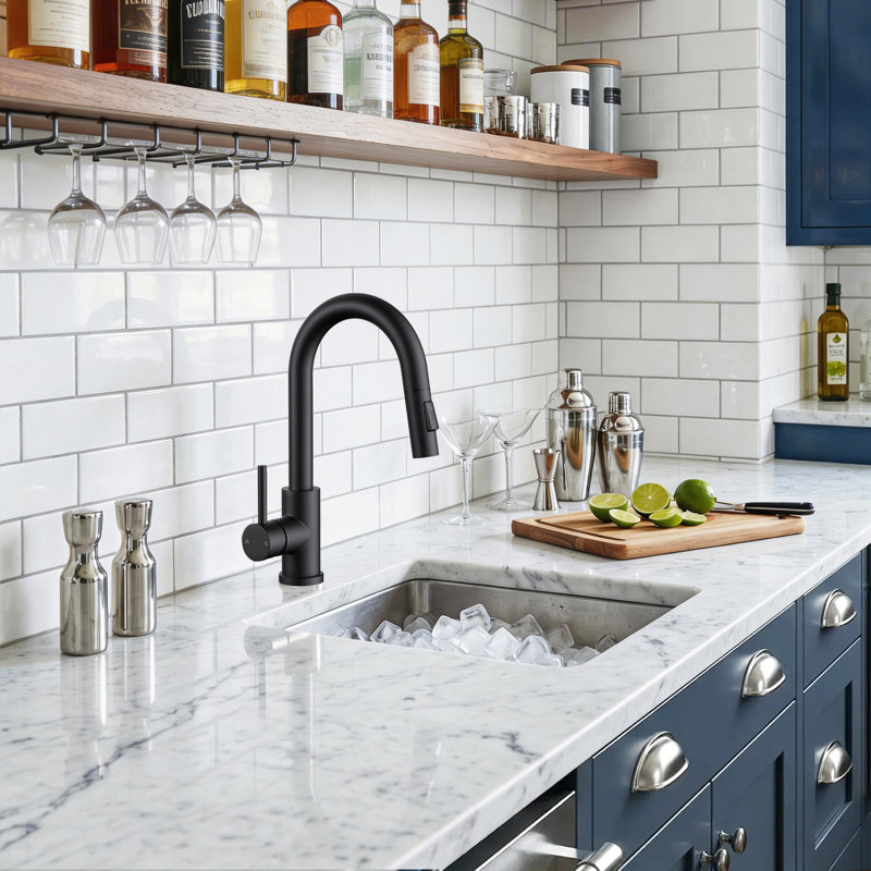 Bar Sink Faucet For Kitchen Sink, Modern Single Handle Kitchen Faucet With Pull Down Sprayer, Matte Black