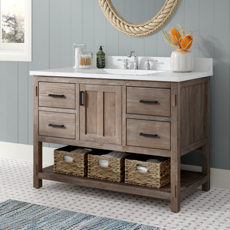 Meuble-lavabo simple autoportant de 42 po avec plateau en pierre d'ingénierie Marissa, Épinette brune