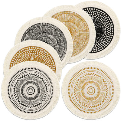 Round Boho Cotton Placemats, Woven Mandala Design With Tassels, Heat Resistant And Washable, Set Of 6, (Spiral)
