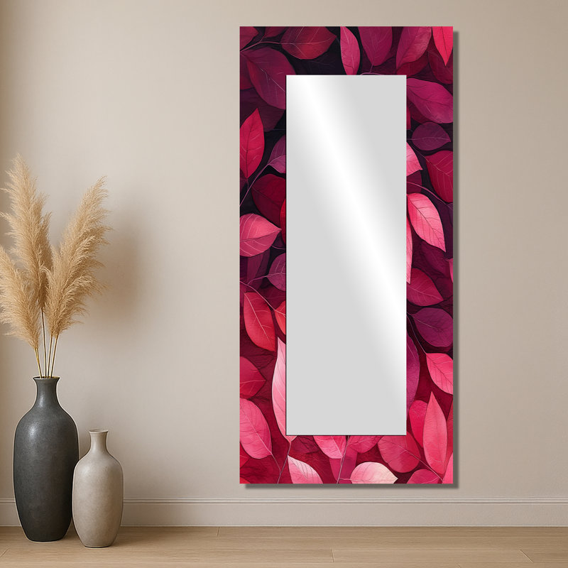 Crimson Leaves Dancing Rose I - Floral Decorative Mirror Wall Art - Printed On Metal, 28" x 60"