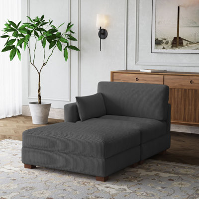 Bentura Oversized Upholstered Gray Corduroy Modular Chaise Lounge with Armrests & Throw Pillows