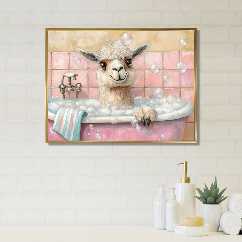 Bain de bulles moelleux - Tableau encadré Lama sur toile, H 24 po x l 32 po, Cadre flottant doré