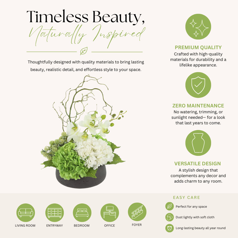 Organic Modern Arrangement with Orchids and Hydrangeas, Green