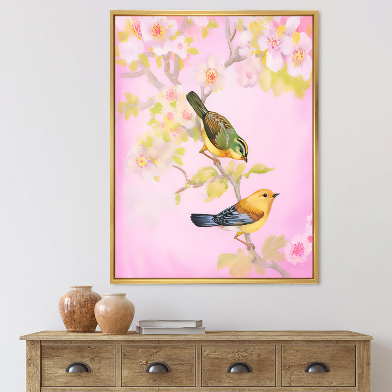 «Beautiful Bright Brights on Branch», peinture sur toile, H 32 po x l 16 po x P 1 po, Encadrement doré