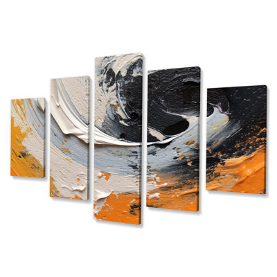 Orange et noir Mystic Spirals II - Décoration murale spirales abstraites - 5 panneaux