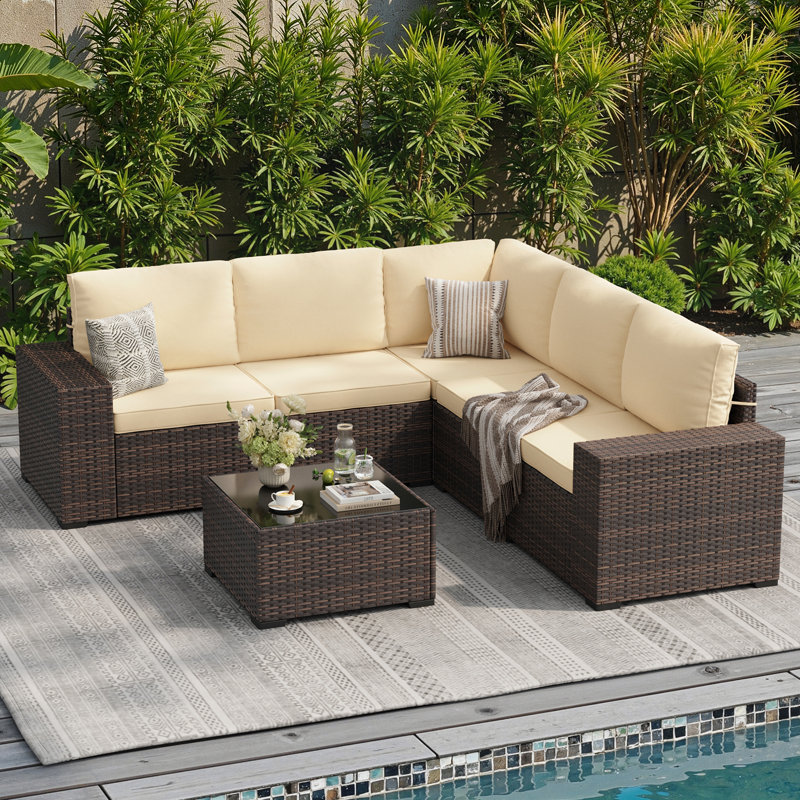 6 Piece Outdoor Sectional Sofa Set With Wide Armrest, Beige